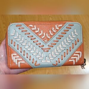 Noonday Collection Coral and Blue Leather Zip Around Long Stitched Wallet